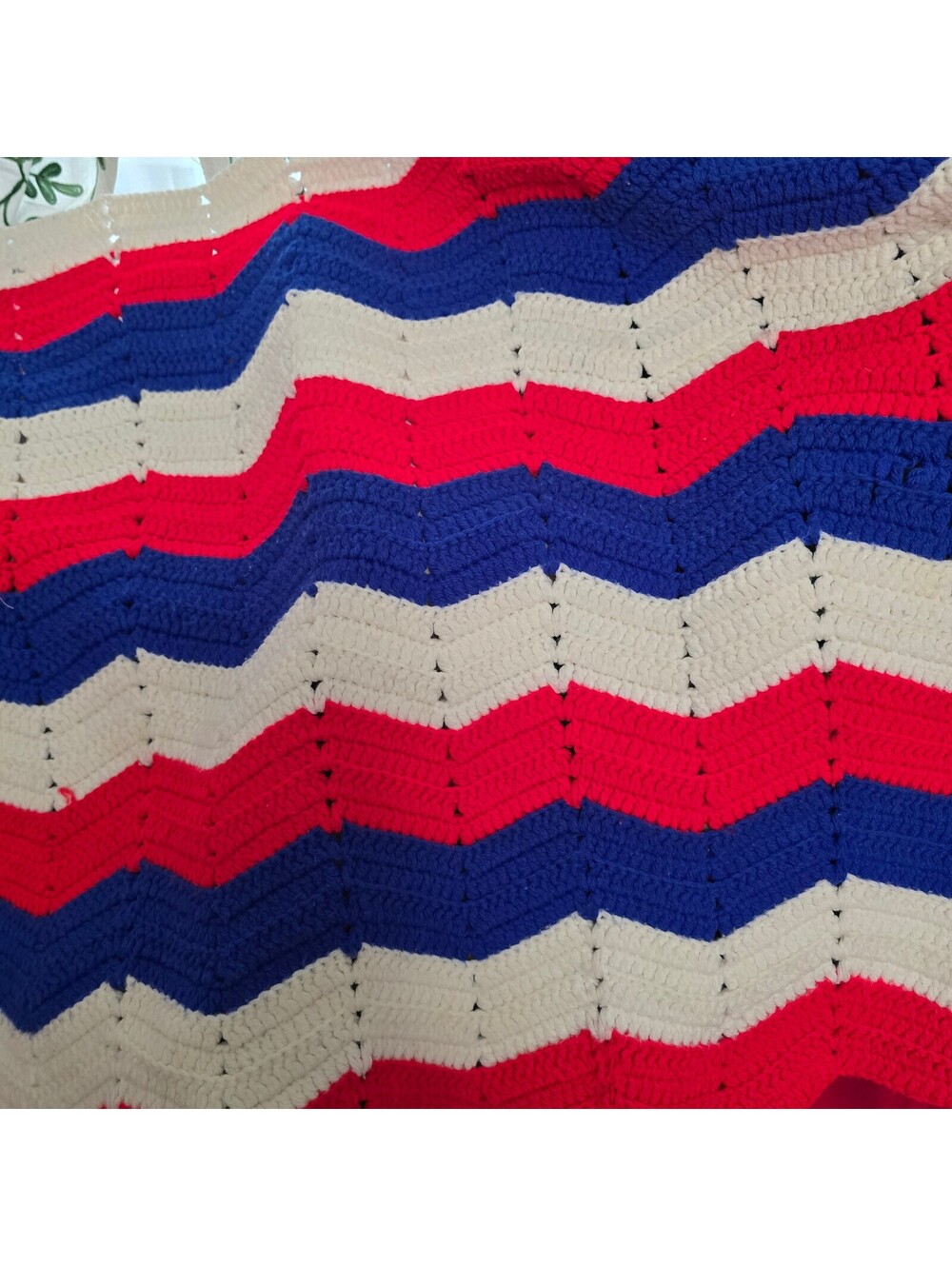 Handmade Crochet Blanket in Red, Blue, & white Chevron Pattern flag 25 x 90 appr
